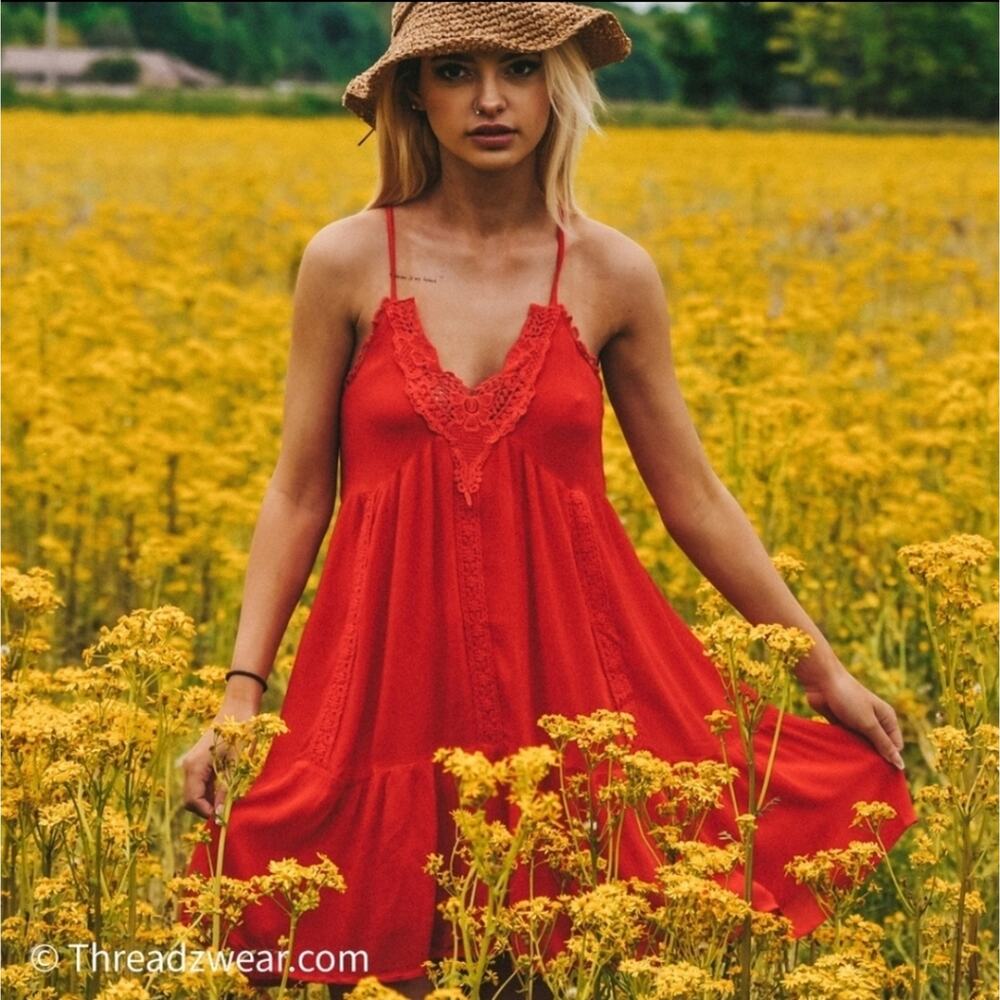 In the Beginning crochet trim lace up sundress red